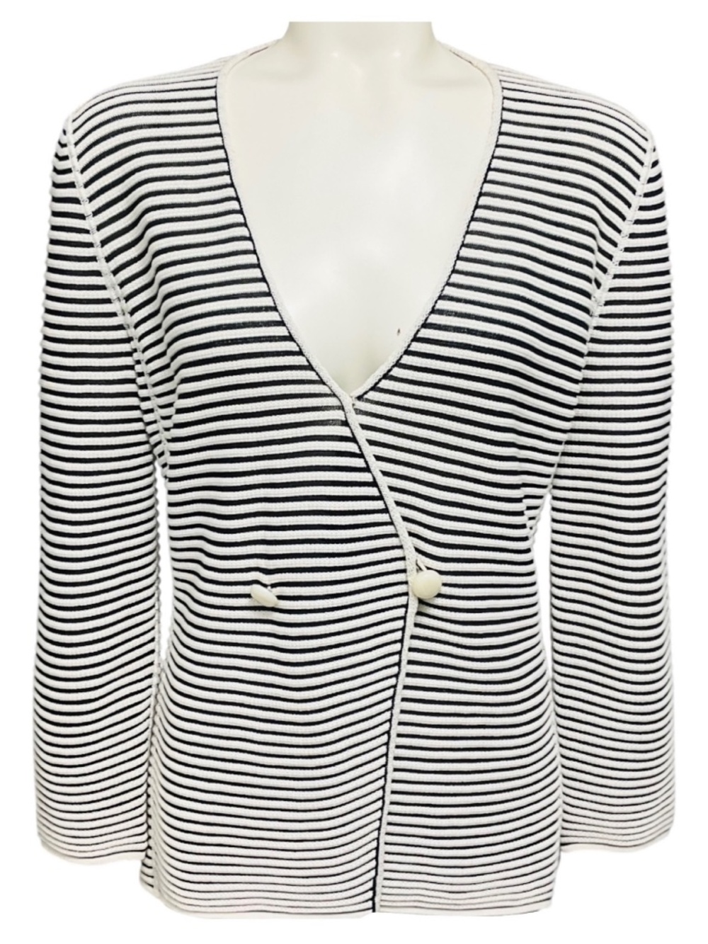 ARMANI COLLEZIONI WHITE / BLACK STRIPED KNIT CARDIGAN SWEATER